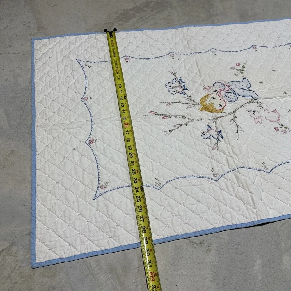 Vintage Handmade Patchwork Bunny Birds Cross Stitched Baby Quilt 29